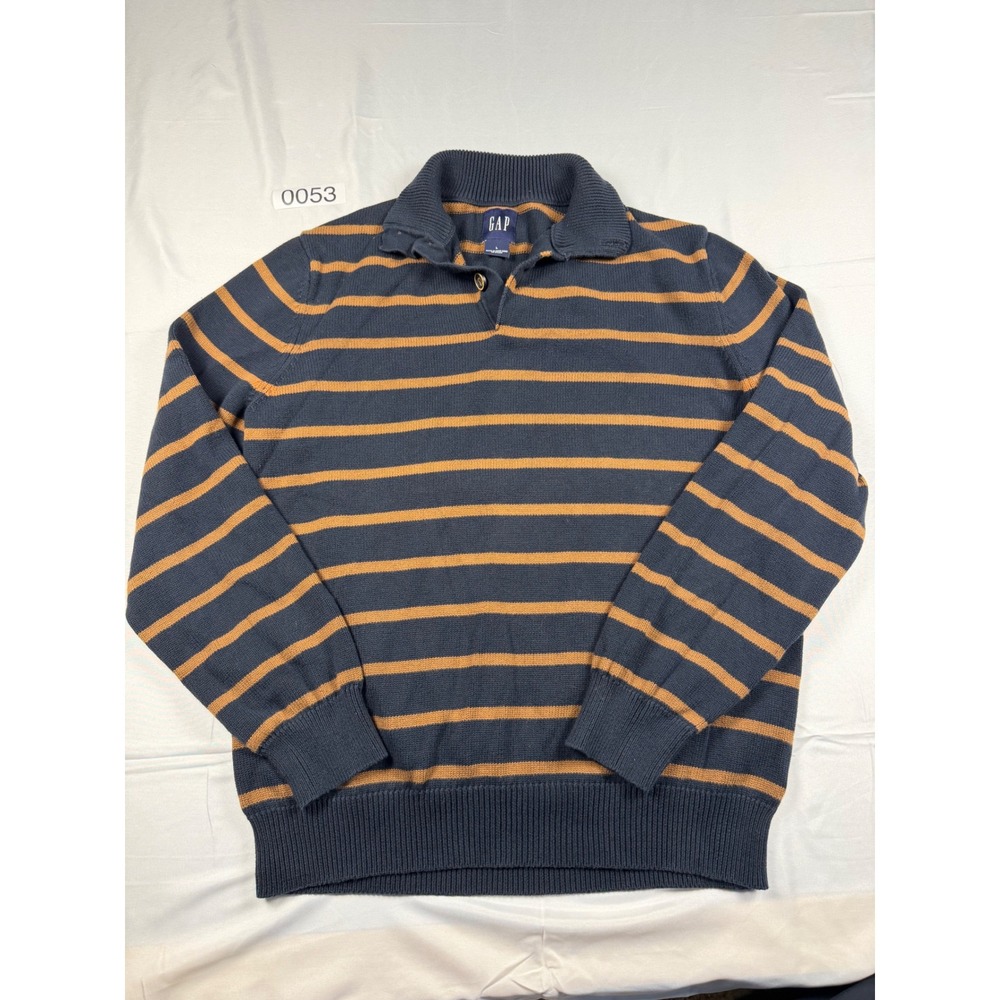 Gap Mens Large Navy Blue Orange Striped 100% Cotton 3 Button Mock Neck Sweater